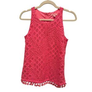 Lilly Pulitzer Lynn Tank Top Pink Pineapple Geo Lace Fringe Hem Sleeveless Sz XS